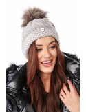 Braided winter hat with a pompom, beige C47 - Online store - Boutique